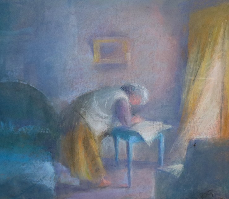 Woman studying Maps -Pastel